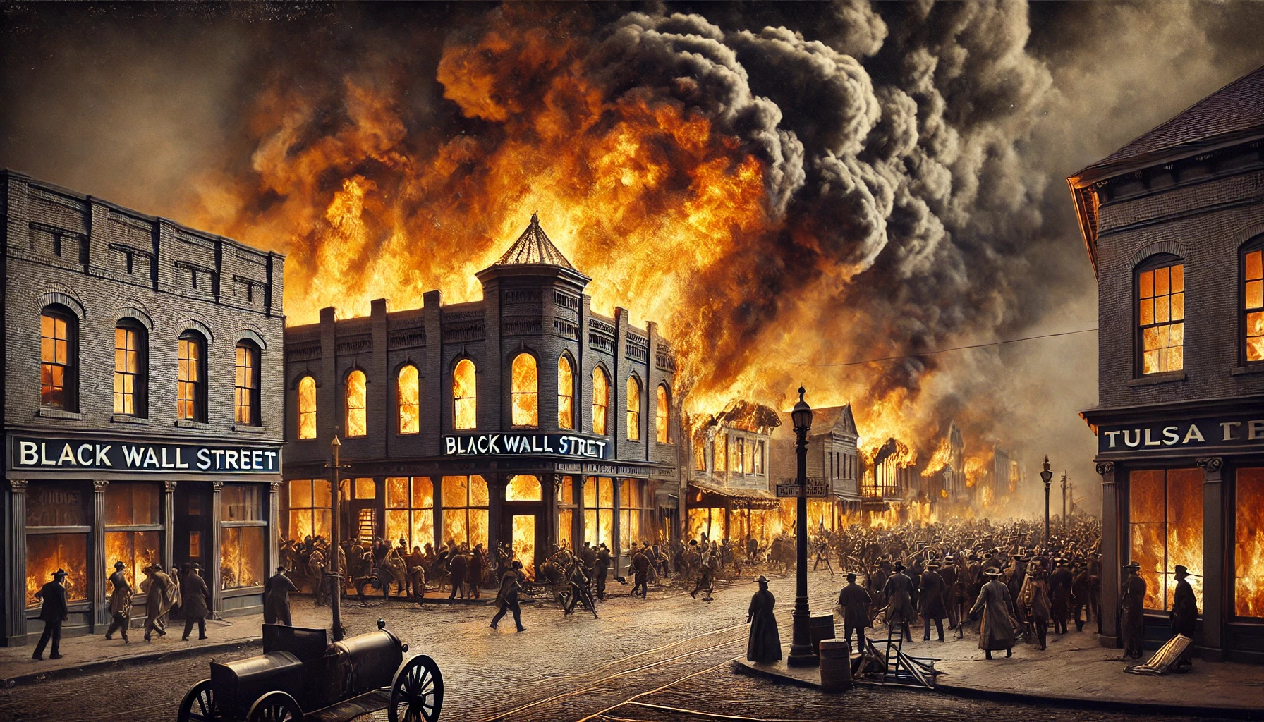 DALL·E 2025-03-11 12.01.44 - A historically accurate depiction of the burning of Black Wall Street in Tulsa, Oklahoma, in 1921. The scene is chaotic, with flames engulfing buildin